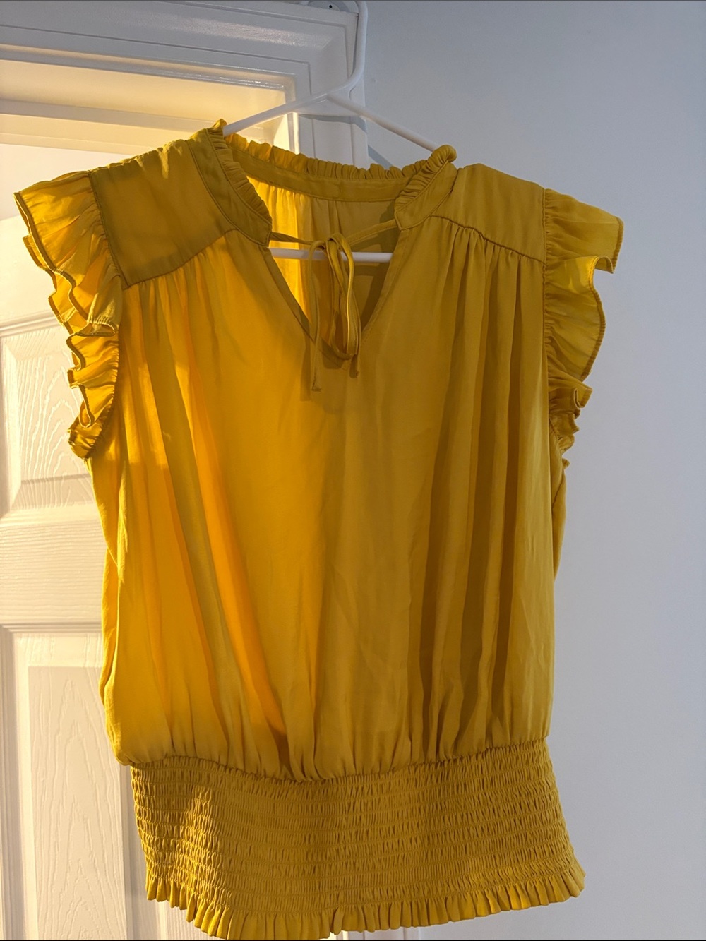 Yellow Ruffle Sleeve Smocked Waist Blouse